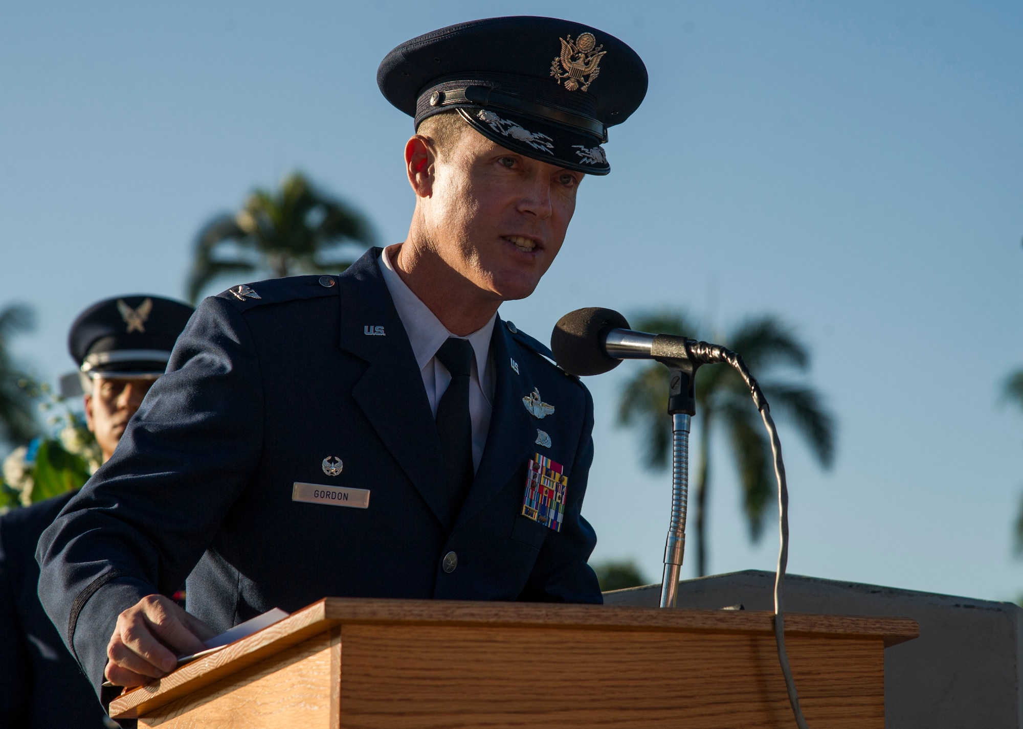 Col. Kevin Gordon, 15th Wing commander, gives his remarks during the 15th Wing’s Remembrance Ceremony, Joint Base Pearl Harbor-Hickam, Hawaii, Dec. 7, 2017. The 15th Wing sponsored the ceremony to remember the 76th anniversary of the attacks that claimed the lives of 189 Army Air Corps Airmen and civilians and injured 303 others. (U.S. Air Force photo by Tech. Sgt. Heather Redman)