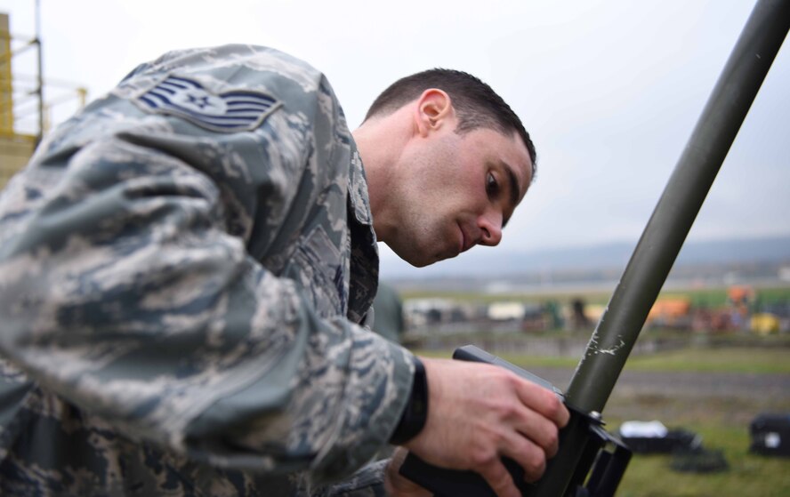 U.S. Air Force Tech. Sgt. Alexander Marsh, 86th Operations Support Squadron noncommissioned officer in charge of air field services element, constructs the Tactical Meteorological eQuipment – 53 during a team training exercise, on Ramstein Air Base, Germany, Nov. 8, 2017. The weather team performs these exercises routinely to ensure they are prepared to make manual observations.