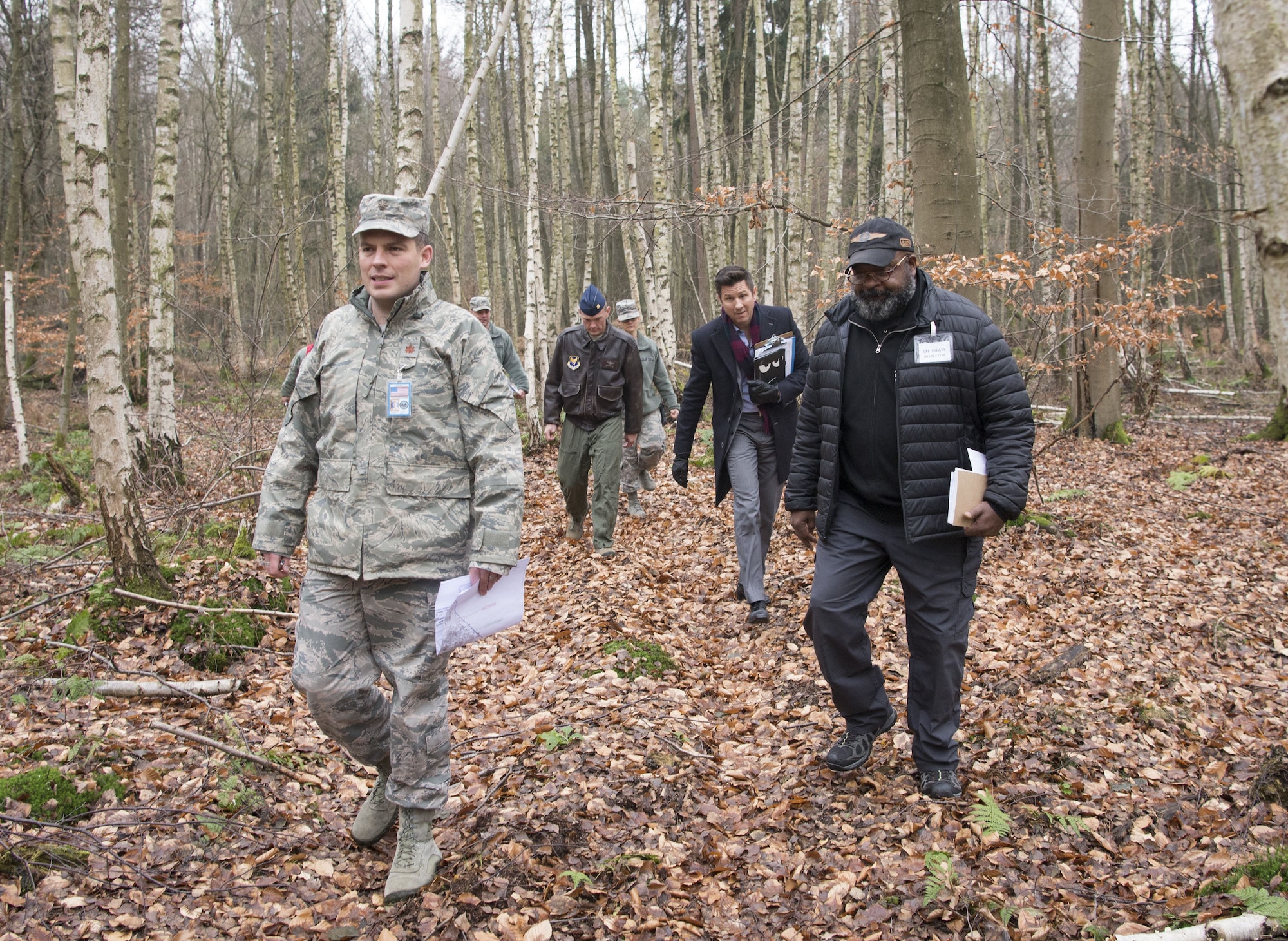 A Conventional Arms Forces in Europe Inspection Exercise team returns from inspecting a perimeter fence on Ramstein Air Base, Germany, Dec. 6, 2017. Ramstein exercises annually to ensure that it is in compliance with the Treaty of Conventional Armed Forces in Europe, which exists to control the number of combat capabilities such as combat aircraft in Europe. (U.S. Air Force photo by Senior Airman Elizabeth Baker)