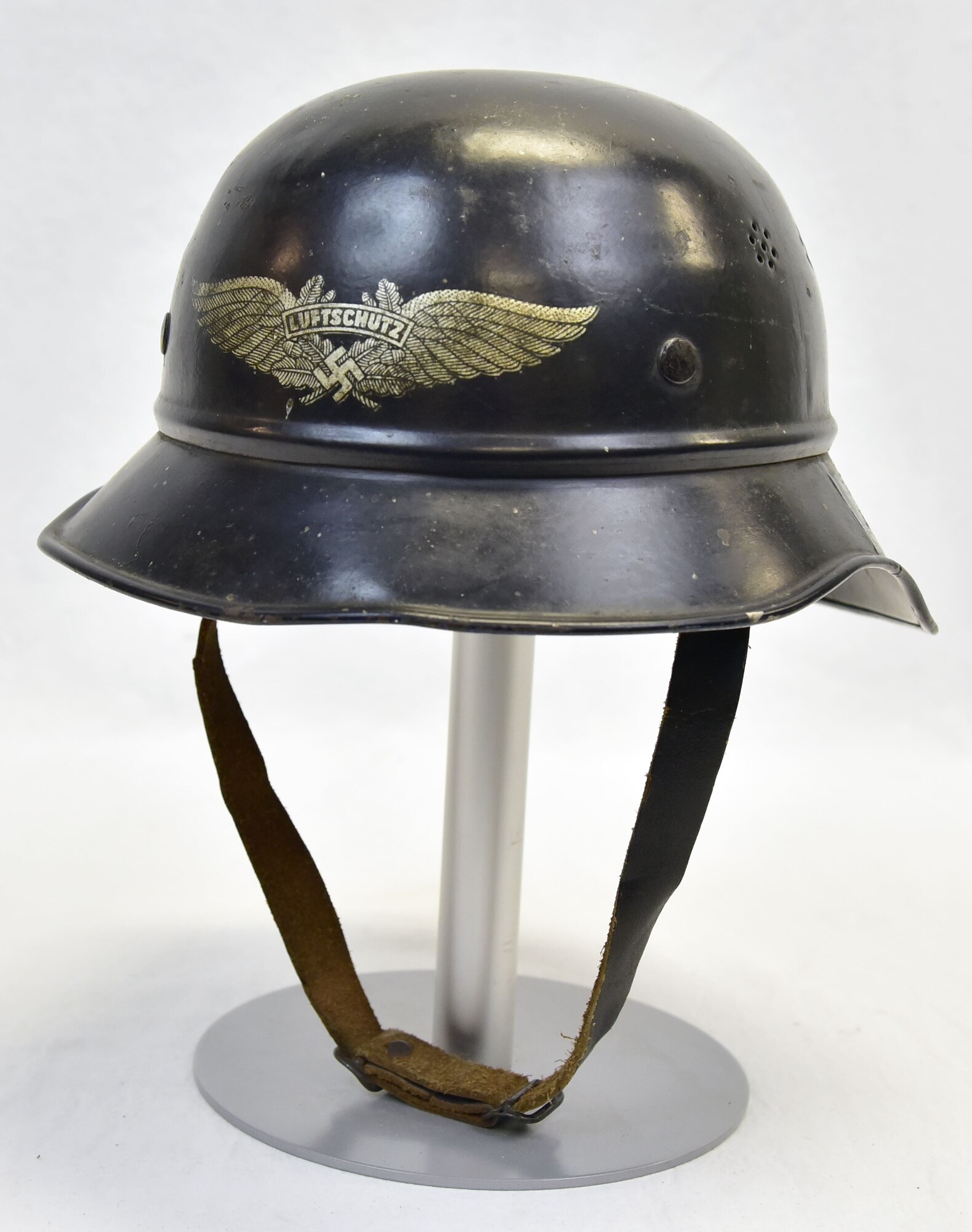 Plans call for this artifact to be displayed near the B-17F Memphis Belle™ as part of the new strategic bombardment exhibit in the WWII Gallery, which opens to the public on May 17, 2018. German Air Raid Warning Service civilians, who notified the population of imminent bomber attacks, wore these helmets.