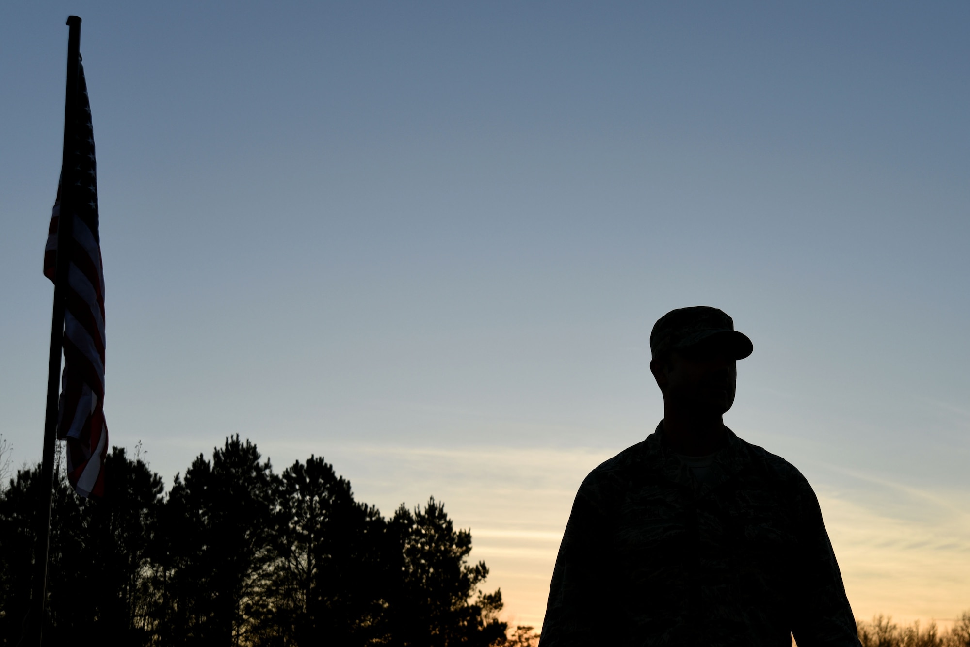 U.S. Air Force Maj. Brandon Goebel, 20th Civil Engineer Squadron operations flight commander, thanks 20th Fighter Wing (FW) Airmen for their work at the end of the first day of a Poinsett Ready Weasel Adaptive Basing Exercise at Poinsett Electronic Combat Range near Wedgefield, S.C., Dec. 4, 2017.