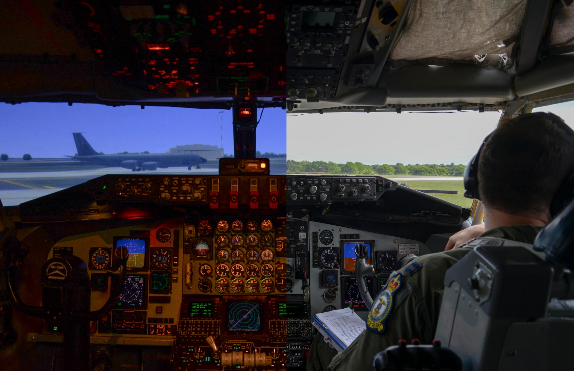 The view from inside the cockpit of the KC-135 Stratotanker, right, and the flight simulator are compared to illustrate the realistic training environment of the simulator. The KC-135 simulator is modified in tandem with upgrades on its aircraft counterpart to allow familiarization for aircrew. (U.S. Air Force photo illustration by Senior Airman Justine Rho)