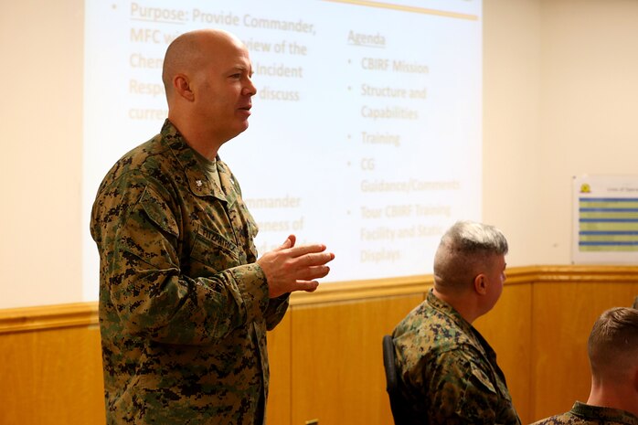 NAVAL SUPPORT FACILITY INDIAN HEAD, Md. – Lt. Gen. Mark A. Brilakis, Commander of U.S. Marine Corps Forces Command, MARFORCOM, received a tour of Naval Support Facility Indian Head and Annex Stump Neck during his visit with MARFORCOM subordinate element Chemical Biological Incident Response Force, CBIRF, Nov. 30, 2017. During his visit he received briefs from CBIRF command staff, toured facilities used by CBIRF, talked to CBIRF Marines and Sailors, and received a demonstration of the response force’s capabilities in case of a crisis. (Official USMC Photos by Staff Sgt. Santiago G. Colon Jr.)