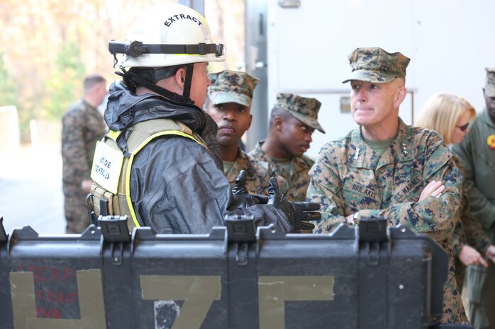 NAVAL SUPPORT FACILITY INDIAN HEAD, Md. – Lt. Gen. Mark A. Brilakis, Commander of U.S. Marine Corps Forces Command, MARFORCOM, received a tour of Naval Support Facility Indian Head and Annex Stump Neck during his visit with MARFORCOM subordinate element Chemical Biological Incident Response Force, CBIRF, Nov. 30, 2017. During his visit he received briefs from CBIRF command staff, toured facilities used by CBIRF, talked to CBIRF Marines and Sailors, and received a demonstration of the response force’s capabilities in case of a crisis. (Official USMC Photos by Staff Sgt. Santiago G. Colon Jr.)