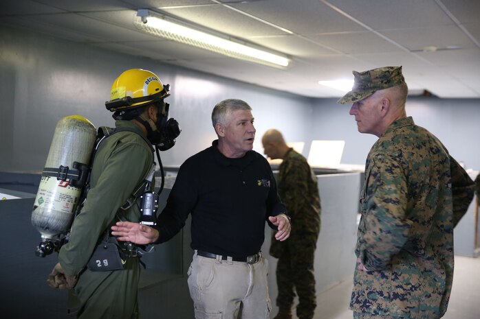 NAVAL SUPPORT FACILITY INDIAN HEAD, Md. – Lt. Gen. Mark A. Brilakis, Commander of U.S. Marine Corps Forces Command, MARFORCOM, received a tour of Naval Support Facility Indian Head and Annex Stump Neck during his visit with MARFORCOM subordinate element Chemical Biological Incident Response Force, CBIRF, Nov. 30, 2017. During his visit he received briefs from CBIRF command staff, toured facilities used by CBIRF, talked to CBIRF Marines and Sailors, and received a demonstration of the response force’s capabilities in case of a crisis. (Official USMC Photos by Staff Sgt. Santiago G. Colon Jr.)