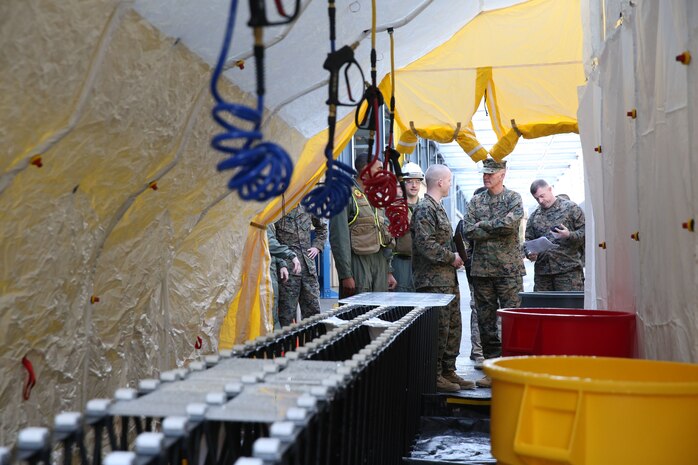 NAVAL SUPPORT FACILITY INDIAN HEAD, Md. – Lt. Gen. Mark A. Brilakis, Commander of U.S. Marine Corps Forces Command, MARFORCOM, received a tour of Naval Support Facility Indian Head and Annex Stump Neck during his visit with MARFORCOM subordinate element Chemical Biological Incident Response Force, CBIRF, Nov. 30, 2017. During his visit he received briefs from CBIRF command staff, toured facilities used by CBIRF, talked to CBIRF Marines and Sailors, and received a demonstration of the response force’s capabilities in case of a crisis. (Official USMC Photos by Staff Sgt. Santiago G. Colon Jr.)