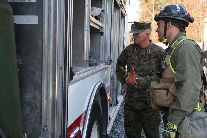 NAVAL SUPPORT FACILITY INDIAN HEAD, Md. – Lt. Gen. Mark A. Brilakis, Commander of U.S. Marine Corps Forces Command, MARFORCOM, received a tour of Naval Support Facility Indian Head and Annex Stump Neck during his visit with MARFORCOM subordinate element Chemical Biological Incident Response Force, CBIRF, Nov. 30, 2017. During his visit he received briefs from CBIRF command staff, toured facilities used by CBIRF, talked to CBIRF Marines and Sailors, and received a demonstration of the response force’s capabilities in case of a crisis. (Official USMC Photos by Staff Sgt. Santiago G. Colon Jr.)