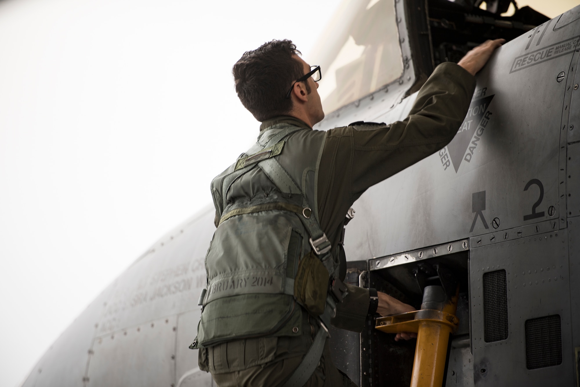 Capt. Maurice Grosso, 75th Fighter Squadron A-10C Thunderbolt II pilot, climbs into the cockpit prior to a sortie, Dec. 6, 2017, at Moody Air Force Base, Ga. Moody’s week-long, Phase 1, Phase 2 exercise is designed to demonstrate the 23d Wing’s ability to meet combatant commander objectives and tested the pilots’ and maintainers’ ability to launch around-the-clock sorties at an accelerated rate during a sortie surge. (U.S. Air Force photo by Staff Sgt. Ryan Callaghan)