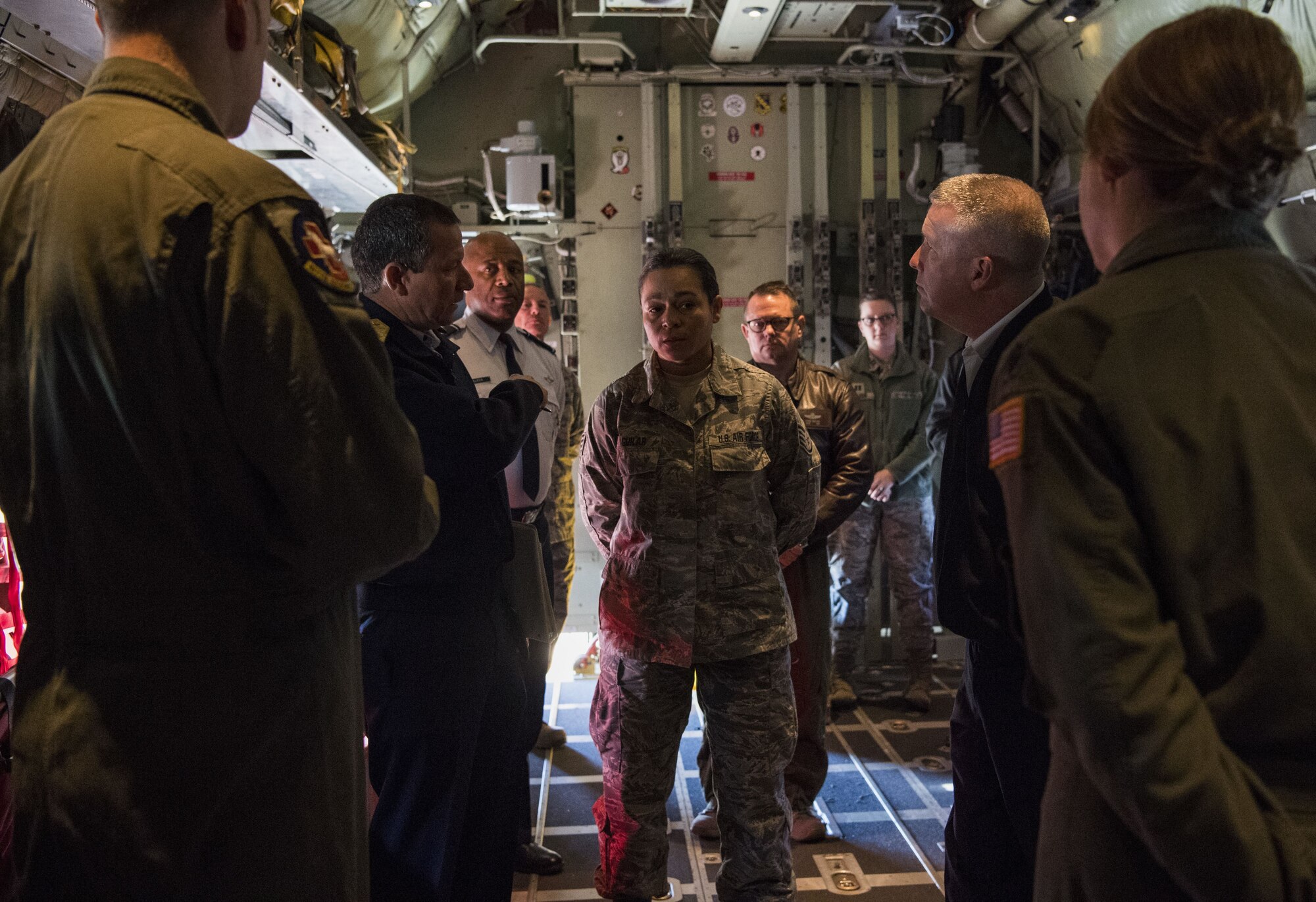 Members of the 167th Aeromedical Evacuation Squadron brief Peruvian Air Force Maj. Gen Gregorio C. Mendiola, Assistant Defense and Air Attaché for the Embassy of Peru, about their squadron’s medical capabilities Nov. 21, 2017 at McLaughlin Air National Guard Base, Charleston, W.Va. Mendiola visited the 130th Airlift Wing to see first hand the domestic response capabilities of Air National Guard assets at the wing including the C-130H and aeromedical evacuation mission. (U.S. Air National Guard Photo by Airman Caleb Vance)