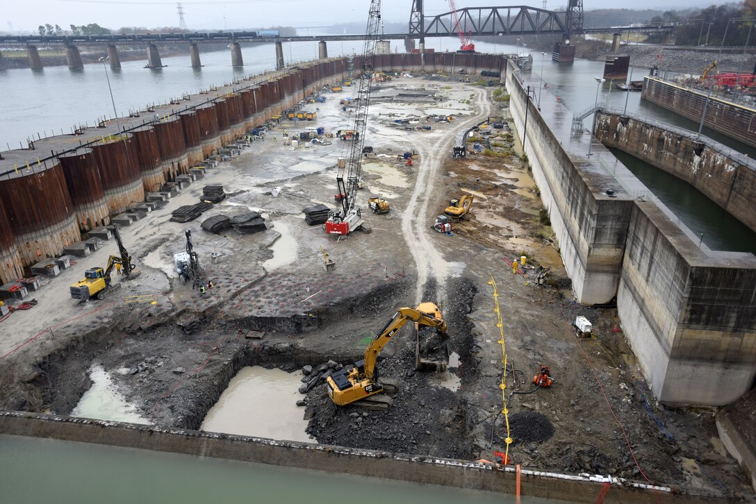 This is the coffer dam Dec. 5, 2017at the Chickamauga Lock Replacement Project where the U.S. Army Corps of Engineers Nashville District is overseeing the excavation and removal of 100,000 cubic yards of rock to make way for future concrete placements for a new lock chamber.  The ongoing contract with Heeter Geotechnical Construction includes the installation of 44 rock anchors along the river wall of the coffer dam. (USACE photo by Lee Roberts)