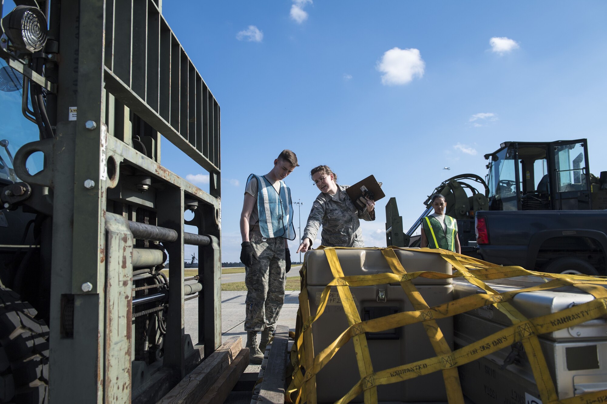 An Airman ensures paperwork on a cargo shipment is up-to-date during an exercise, Dec. 4, 2017, at Moody Air Force Base, Ga. Moody’s Phase 1, Phase 2 exercise tested the 23d Wing’s ability to prepare, deploy and execute their mission at a moment’s notice. Airmen from the 23d Logistics Readiness Squadron were evaluated on their ability to prepare, pack and ship supplies for squadrons tasked to deploy. (U.S. Air Force photo by Senior Airman Janiqua P. Robinson)