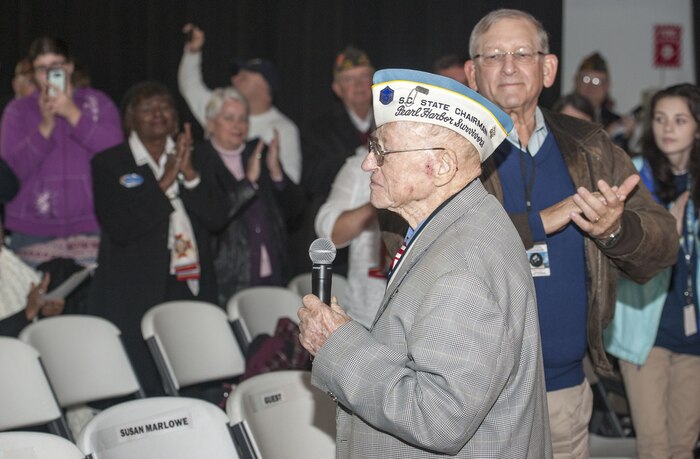Retired U.S. Air Force Master Sgt. Donald L. Ralph, a survivor of the attack on Pearl Harbor, addresses the audience on board the USS Yorktown at Patriots Point during the 76th Pearl Harbor Memorial Day Ceremony Dec. 7, 2017.