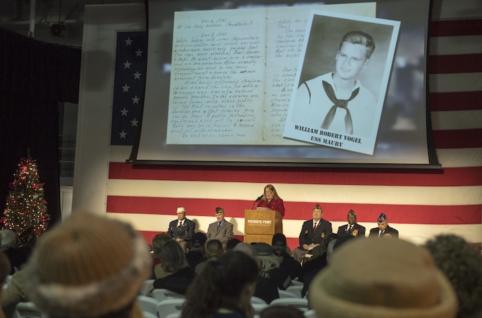 Laurie Vogel shares excerpts from her father's diary of the days following the attacks on Pearl Harbor, Dec. 7, 1941 during the 76th Pearl Harbor Memorial Day Ceremony Dec. 7, 2017 on board the USS Yorktown at Patriots Point.