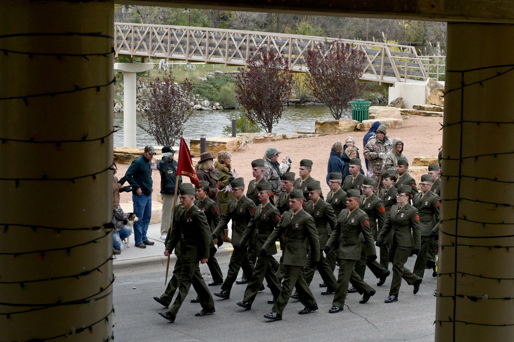 Marines from the Marine Corps Detachment on Goodfellow Air Force Base march during the Heroes Hunt parade in San Angelo, Texas, Dec. 7, 2017. The detachment provides administrative, logistic, and training support to staff and students in the occupational fields of Fire Protection and Signals Intelligence in order to deliver technically proficient, combat capable Marines to the operating forces and supporting establishment.