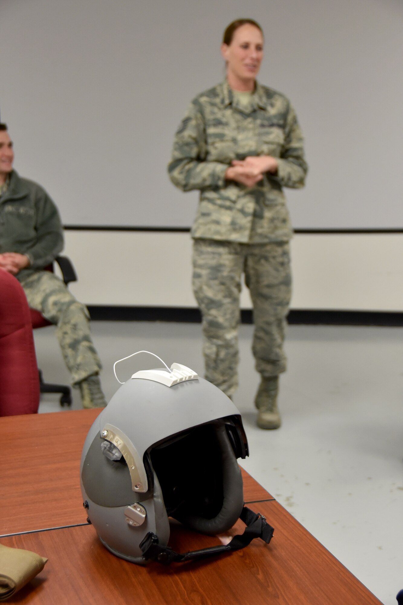 Tech. Sgt. Christine Francis, 931st Operations Support Squadron aircrew flight equipment technician, briefs cadets about Aircrew Flight Equipment  Dec. 8, 2017, McConnell Air Force Base, Kan.  The cadets were from the University of Kansas Air Force ROTC, Detachment 280, the Flying Jayhawks.  (U.S. Air Force photo by Tech. Sgt. Abigail Klein)