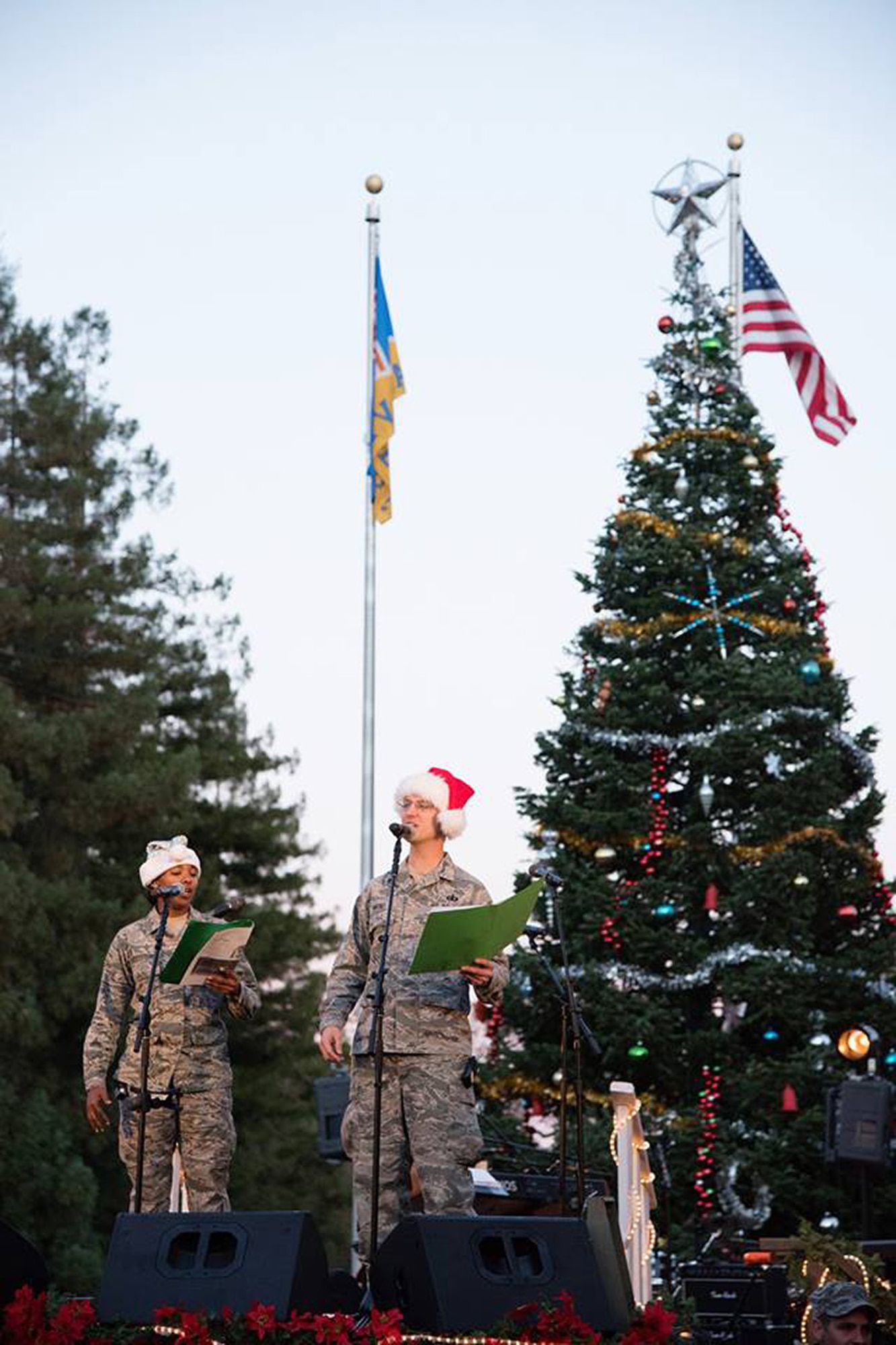 U.S. Air Force Band of Golden West, sing Christmas carols to people on the streets of Vacaville, Calif., during Merriment on Main, Nov. 18, 2017.