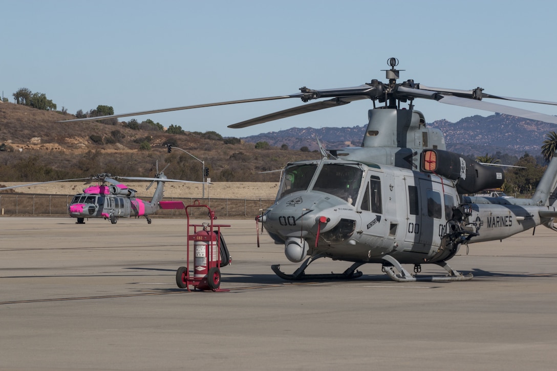 The UH-1Y Venom from Marine Light Helicopter Squadron (HMLA 267, MCAS Camp Pendleton, are flying in direct support of the Lilac Fire on Dec. 08, 2017. While two CH-53E Super Stallions from Marine Heavy Helicopter Squadron (HMH) 462, MCAS Miramar, are on standby.