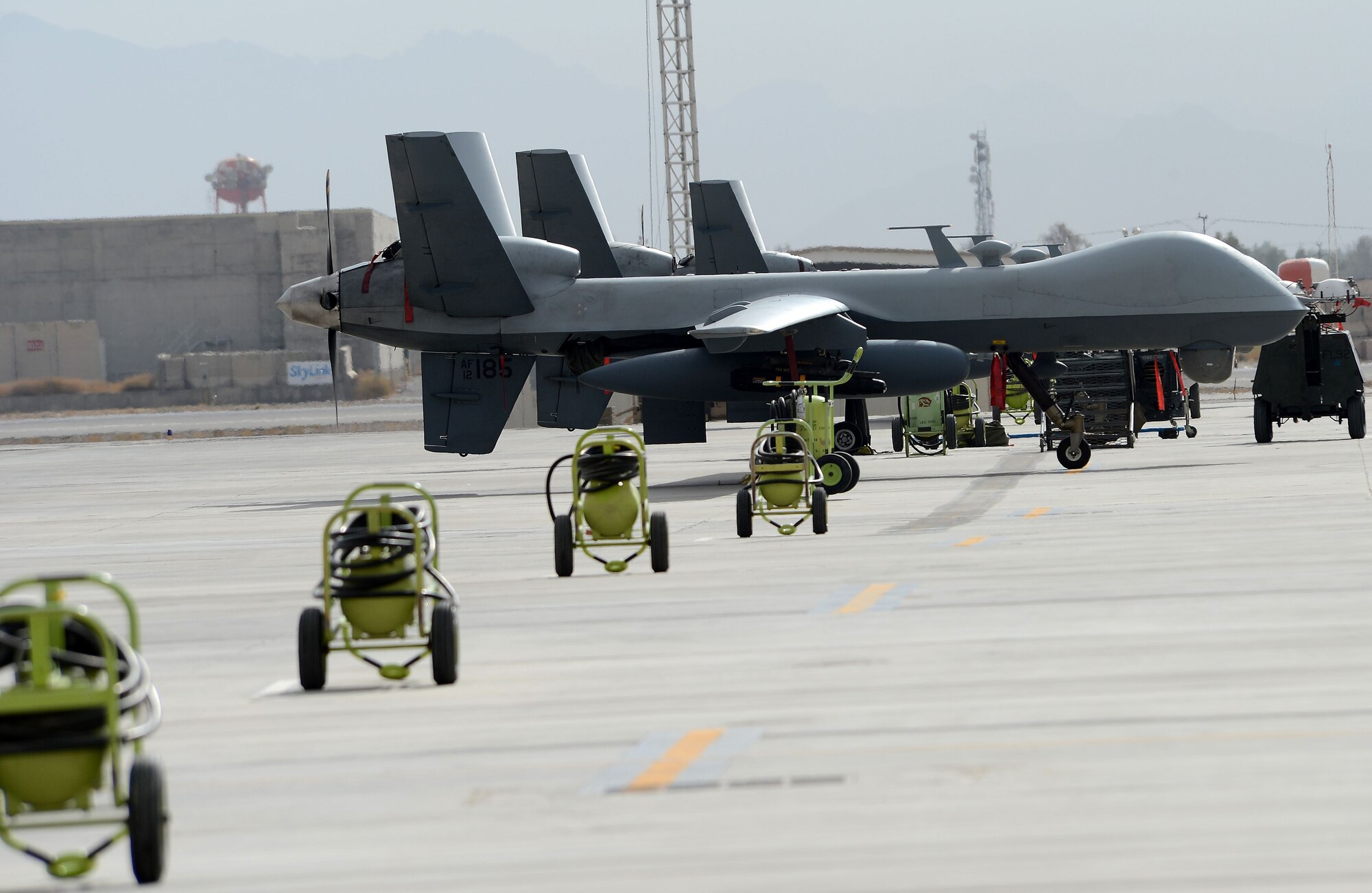 MQ-9 Reapers are parked on the flight line Nov. 27, 2017 at Kandahar Airfield, Afghanistan.