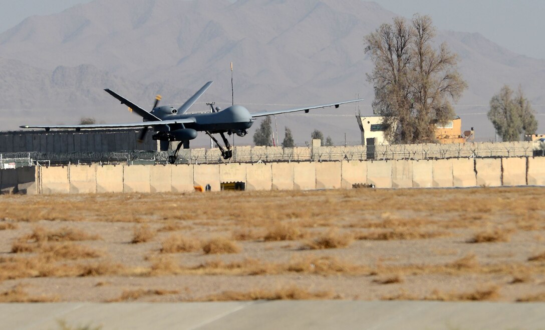 An MQ-9 Reaper lands on the runway Nov. 27, 2017 at Kandahar Airfield, Afghanistan.