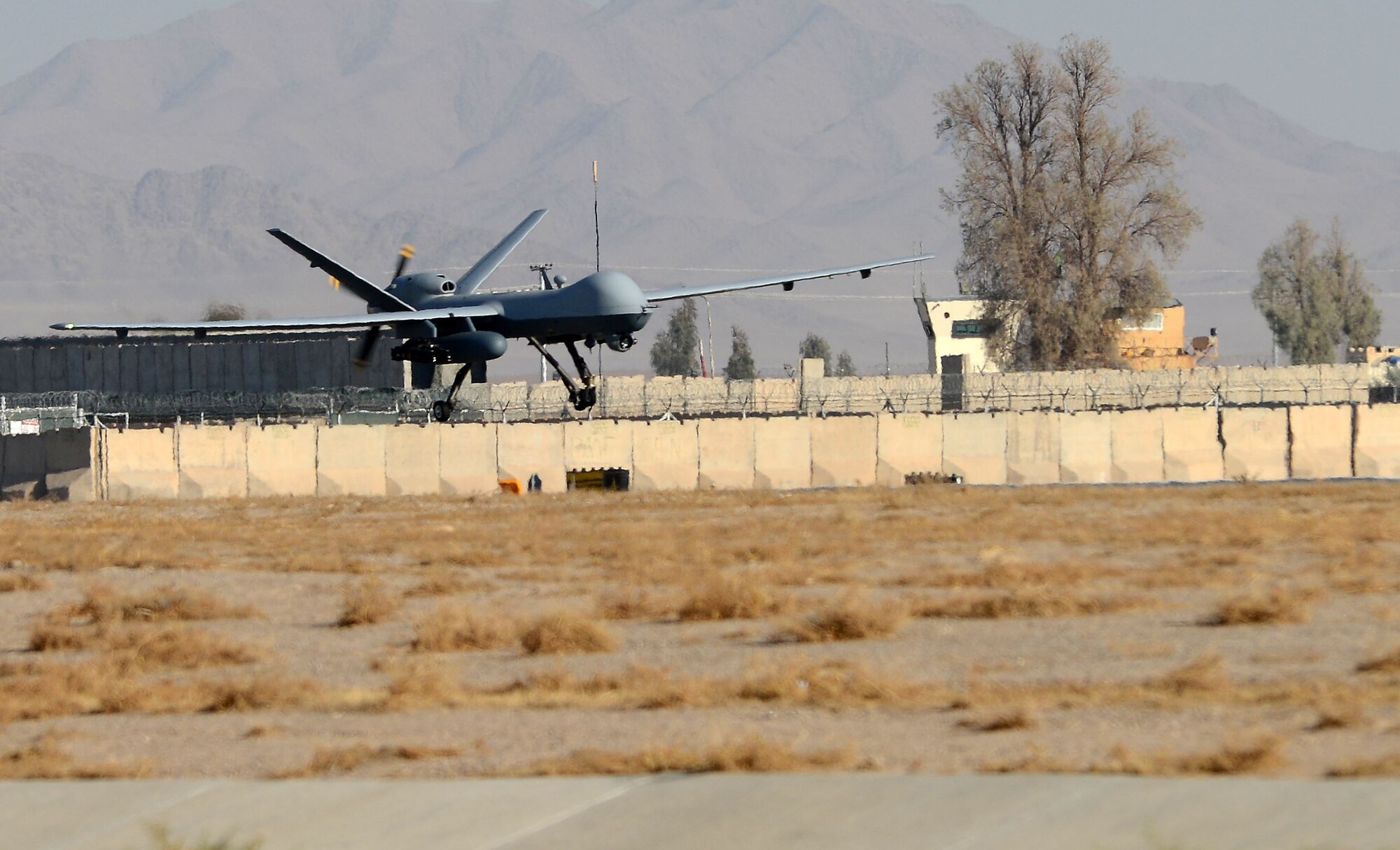 An MQ-9 Reaper lands on the runway Nov. 27, 2017 at Kandahar Airfield, Afghanistan.
