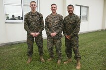 Cpl. Matthew Dungan (left), Sgt. Justin Erler (center) and Lance Cpl. Eduardo Rosariomolina provided life-saving assistance to Master Sgt. Hector Trujillo after he was hit by a car on the Okinawa Expressway Dec. 1, 2017. Trujillo, a motor transport maintenance chief with 9th Engineer Support Battalion, 3rd Marine Logistics Group, was flown to San Diego, California, where he remains hospitalized and continues to receive treatment for his injuries. (Courtesy photo provided by Maria Trujillo)