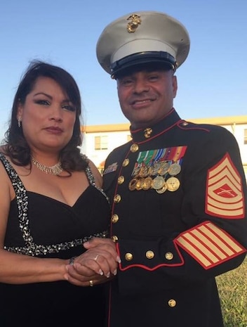 Master Sgt. Hector Trujillo is pictured with his wife, Maria Carrillo Trujillo, in an undated photo. Trujillo, a motor transport maintenance chief with 9th Engineer Support Battalion, 3rd Marine Logistics Group, was seriously injured after being hit by a car on the Okinawa Expressway Dec. 1, 2017. He was flown to San Diego, California, where he remains hospitalized and continues to receive treatment for his injuries. (Courtesy photo provided by Maria Trujillo)