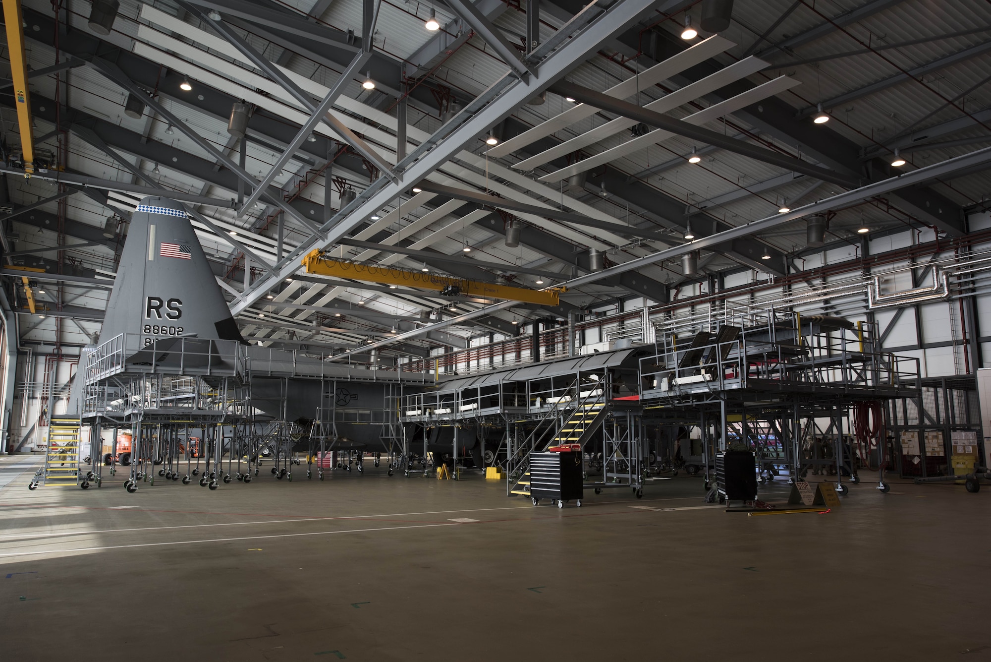 A U.S. Air Force C-130J Super Hercules, assigned to the 86th Airlift Wing, undergoes a C1-check on Ramstein Air Base, Germany, Dec. 5, 2017. Maintainers inspect the aircraft from top to bottom and repair to ensure the aircraft is in optimal condition to accomplish the Air Force mission. (U.S. Air Force photo by Senior Airman Devin M. Rumbaugh)