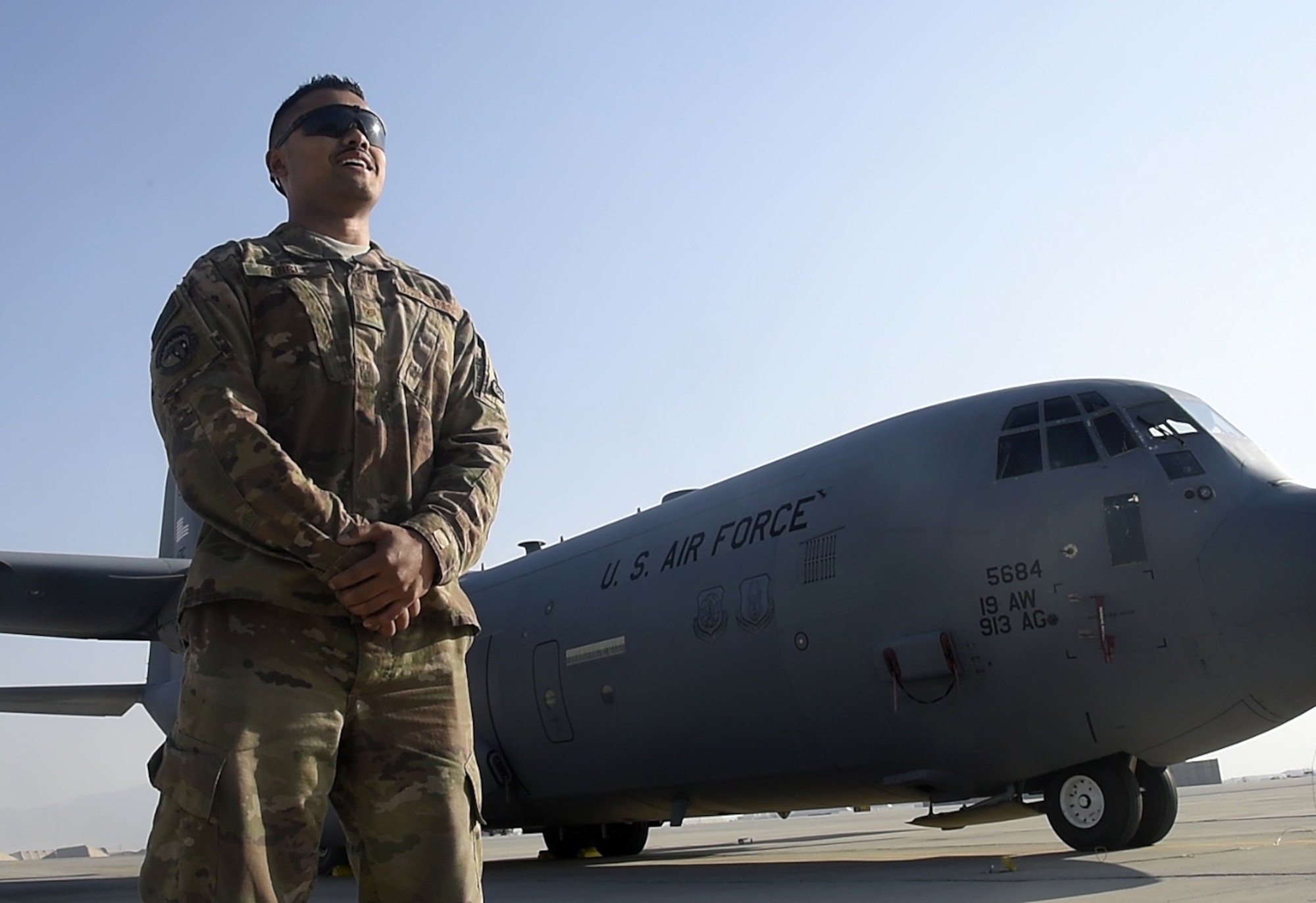 Staff Sgt. Anthony Single, 455th Expeditionary Aircraft Maintenance Squadron crew chief, poses for a photo Dec. 5, 2017 at Bagram Airfield, Afghanistan.