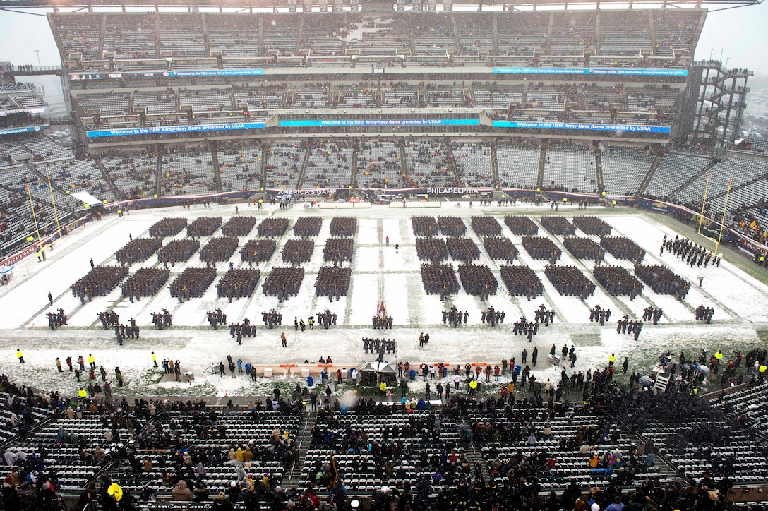 U.S. Military Academy cadets create a formation before the 118th Army-Navy game.