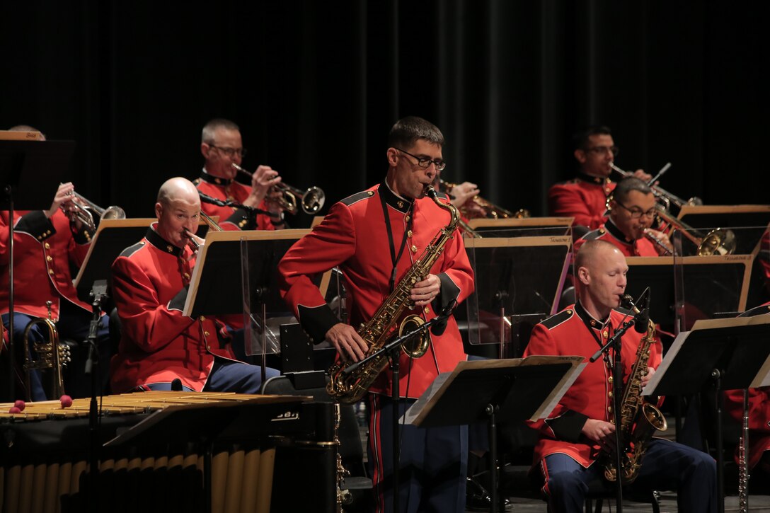 On Dec. 10, 2017 the Marine Big Band performed a holiday-themed concert at the Bowie Center for the Performing Arts in Bowie, Md. (U.S. Marine Corps photo by Master Sgt. Kristin duBois/released)