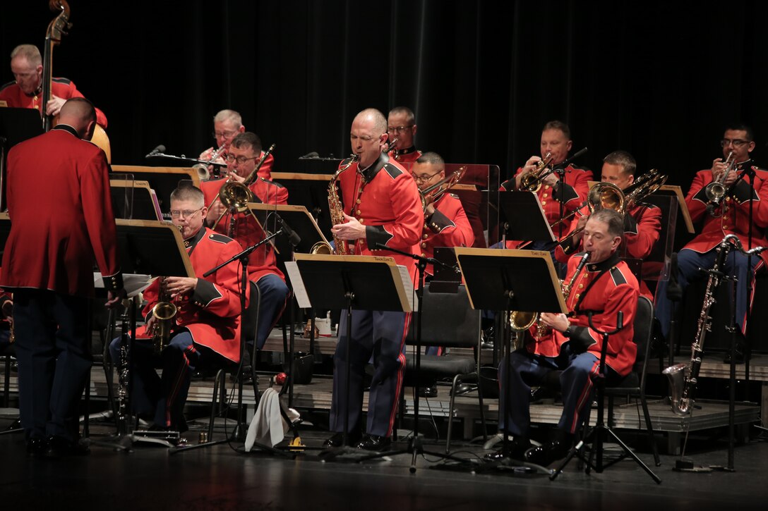 On Dec. 10, 2017 the Marine Big Band performed a holiday-themed concert at the Bowie Center for the Performing Arts in Bowie, Md. (U.S. Marine Corps photo by Master Sgt. Kristin duBois/released)