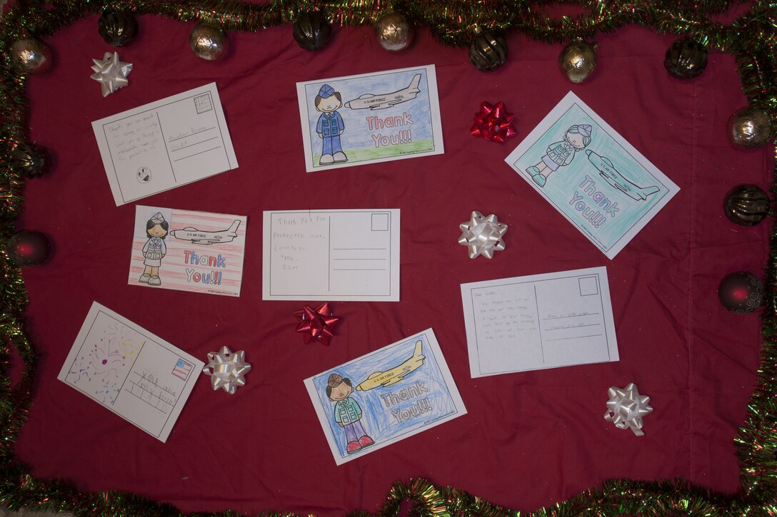 Thank you cards spread holiday cheer to Airmen Dec. 10, 2017, at Mountain Home Air Force Base, Idaho. Airmen at the 366th Fighter Wing received thank you cards from children in Idaho and Washington state.