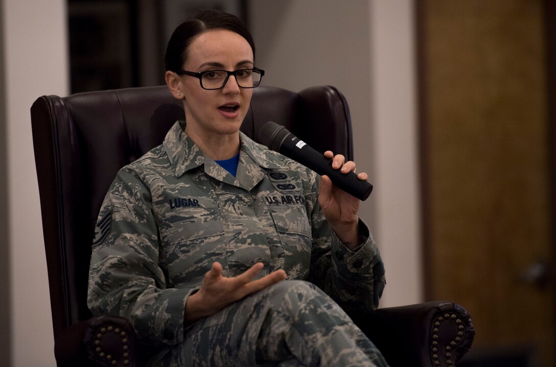 Staff Sgt. Marisela Lugar, 23d Wing Equal Opportunity and Storyteller speaker, shares her story of resilience, Dec. 8, 2017, at Moody Air Force Base, Ga. Storytellers is an Air Force initiative that encourages Airmen to share their experiences of triumph and resilience with other service members in hopes that their story of overcoming may help someone else. (U.S. Air Force photo by Staff Sgt. Eric Summers Jr.)