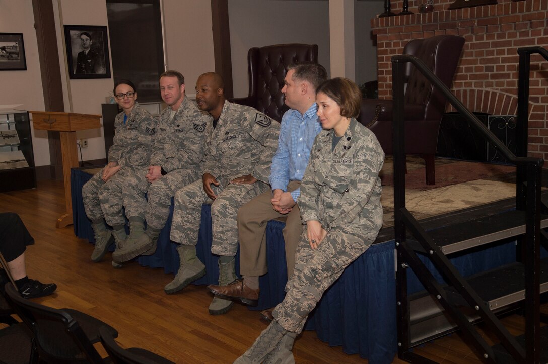 Team Moody members who participated in the Storytellers event answers questions, Dec. 8, 2017, at Moody Air Force Base, Ga. Storytellers is an Air Force initiative where people share their experiences of resilience with service members. (U.S. Air Force photo by Staff Sgt. Eric Summers Jr.)