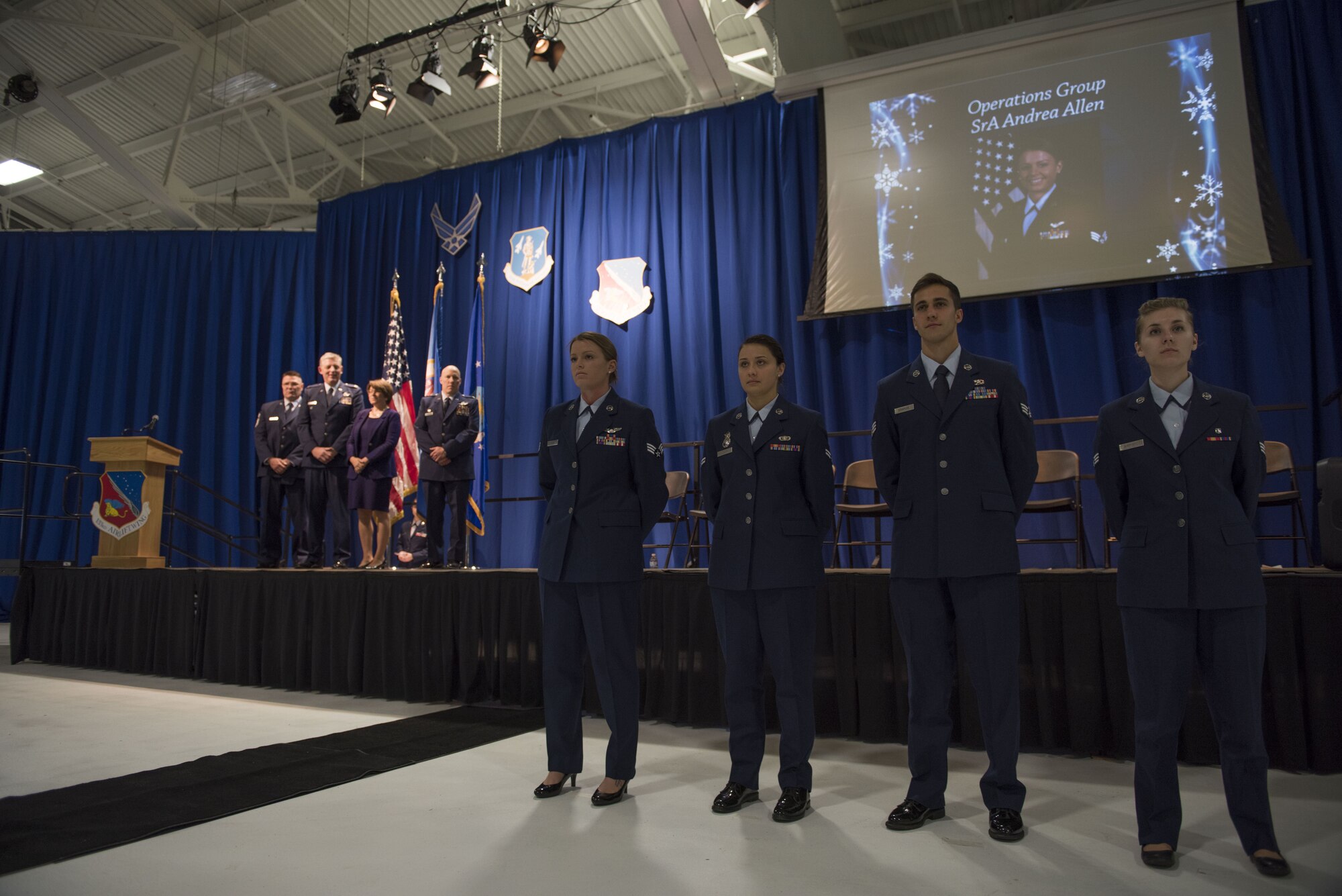 U.S. Air Force Airmen from the 133rd Airlift Wing, along with distinguished guests, former commanders, retirees, and family members attend the annual Wing Award Ceremony in St. Paul, Minn., Dec. 9, 2017.