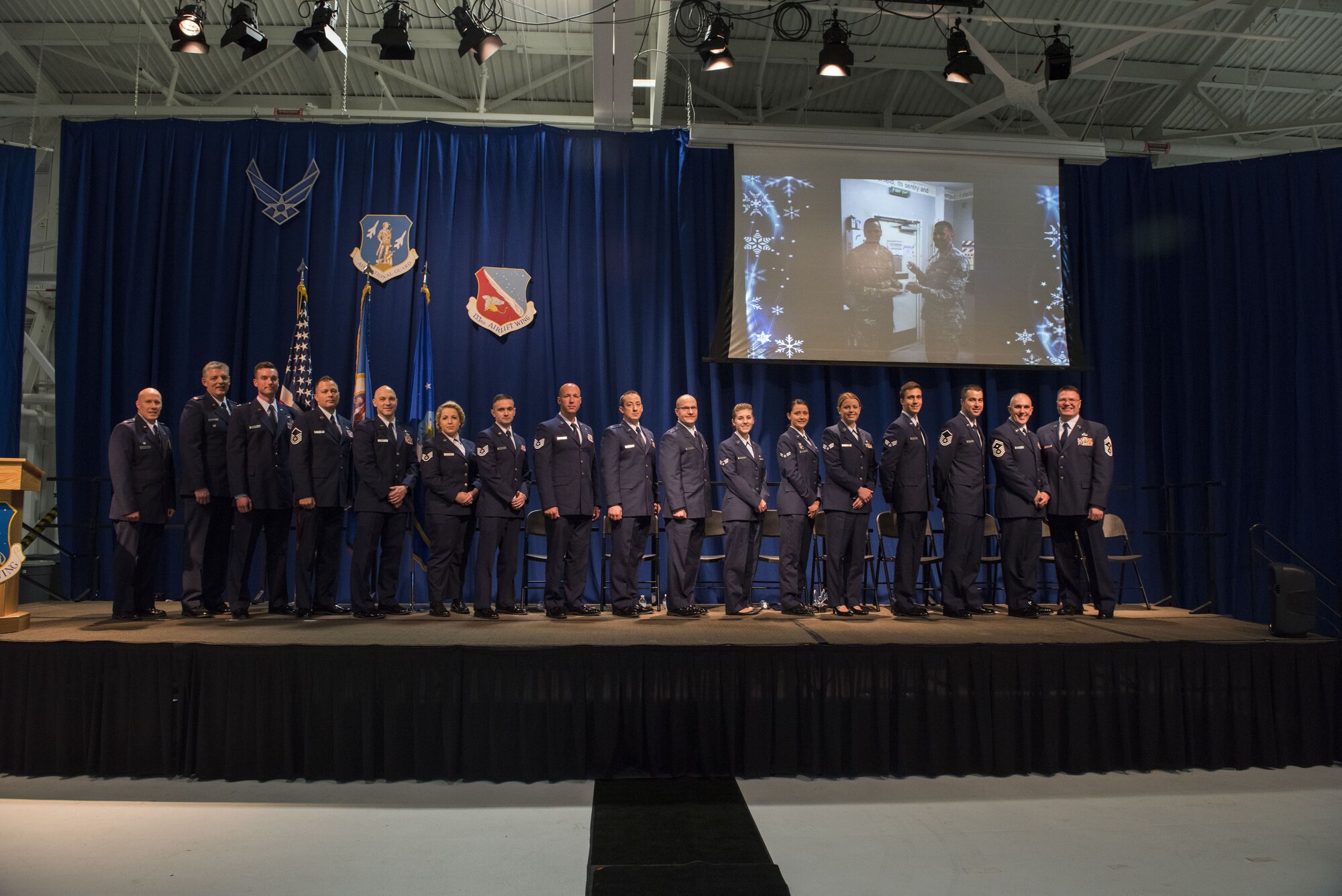 U.S. Air Force Airmen from the 133rd Airlift Wing, along with distinguished guests, former commanders, retirees, and family members attend the annual Wing Award Ceremony in St. Paul, Minn., Dec. 9, 2017.