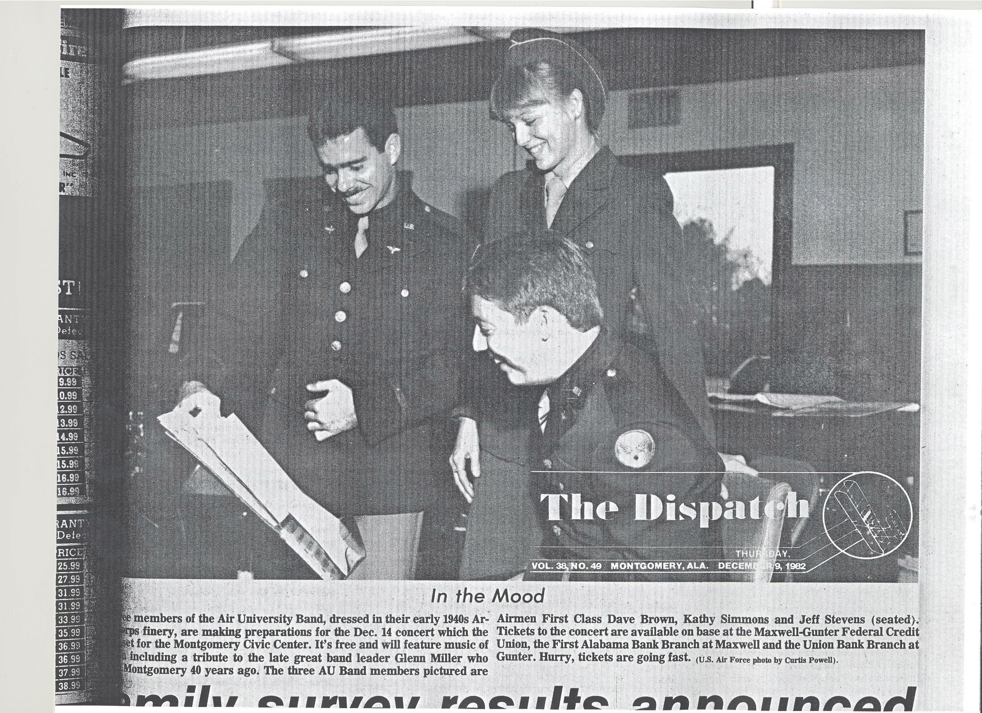 Three members of the AU Band, dressed in World War II uniforms, making preparations for the concert.  Dispatch, Dec 2, 1982, p. 21.