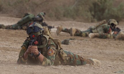 Members of the Iraqi special forces provide security during a final air mobility operations exercise at Camp Taji, Iraq.