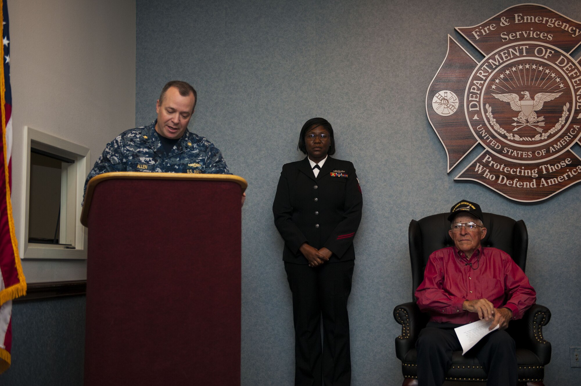U.S. Navy Lt. Cmdr. Christopher Allen, Navy Center for Information Warfare Training Detachment Goodfellow officer in charge, gives a speech on the significance of Pearl Harbor at the Louis F. Garland Department of Defense Fire Academy, Goodfellow Air Force Base, Texas, Dec. 7, 2017. Pearl Harbor was an event that brought the United States into World War II.