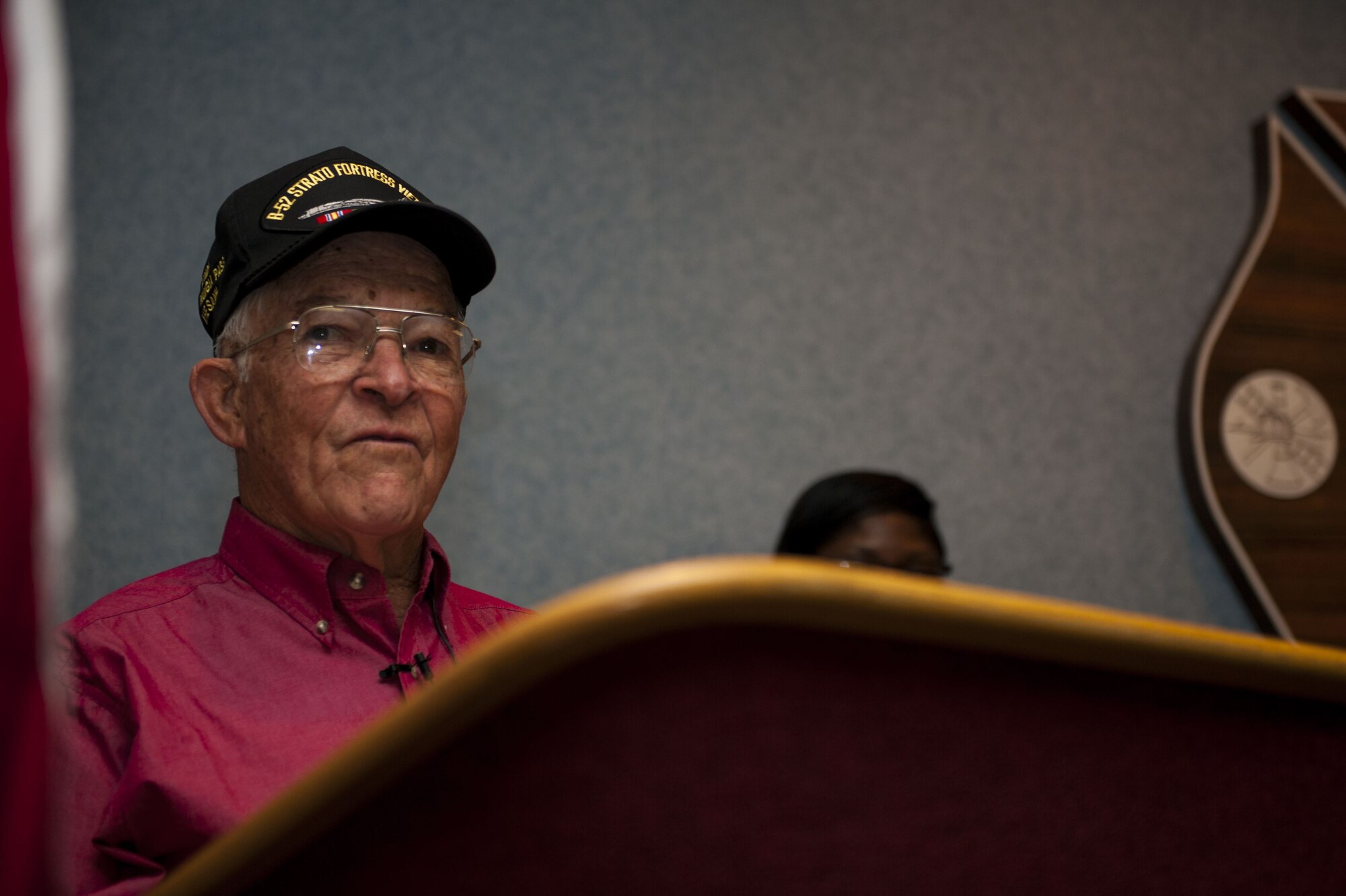 Commander of the Veterans of Foreign Wars post in San Angelo, retired Lt. Col. John Muckleroy, speaks during a Pearl Harbor remembrance ceremony at the Louis F. Garland Department of Defense Fire Academy, Goodfellow Air Force Base, Texas, Dec. 7, 2017. Veterans of Foreign Wars is the largest and oldest war veterans service organization, providing assistance and support to the United State’s service members, veterans and their families.