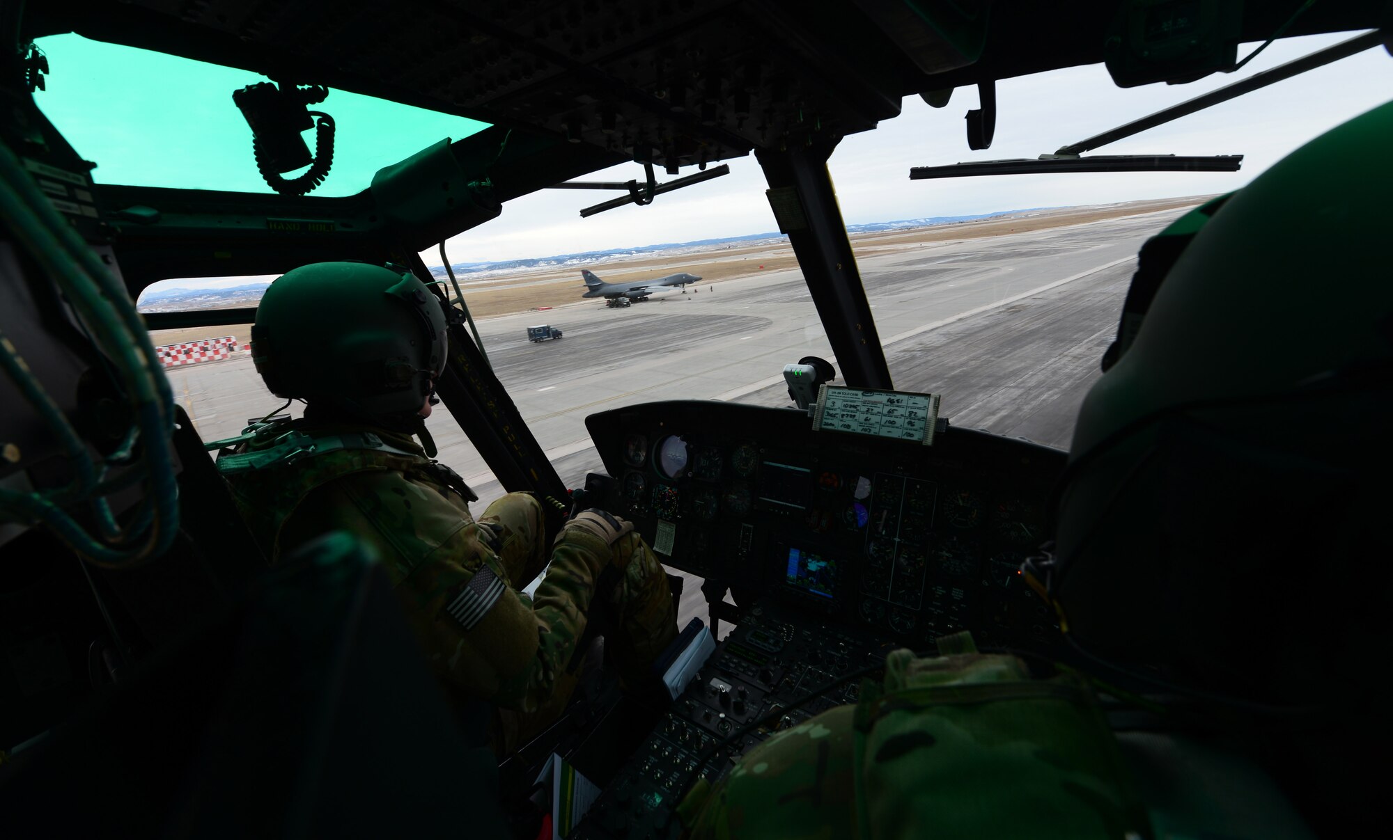 The exercise was the Huey aircrew’s first time training with the B-1 bomber and was designed to help prepare them for real-world situations.