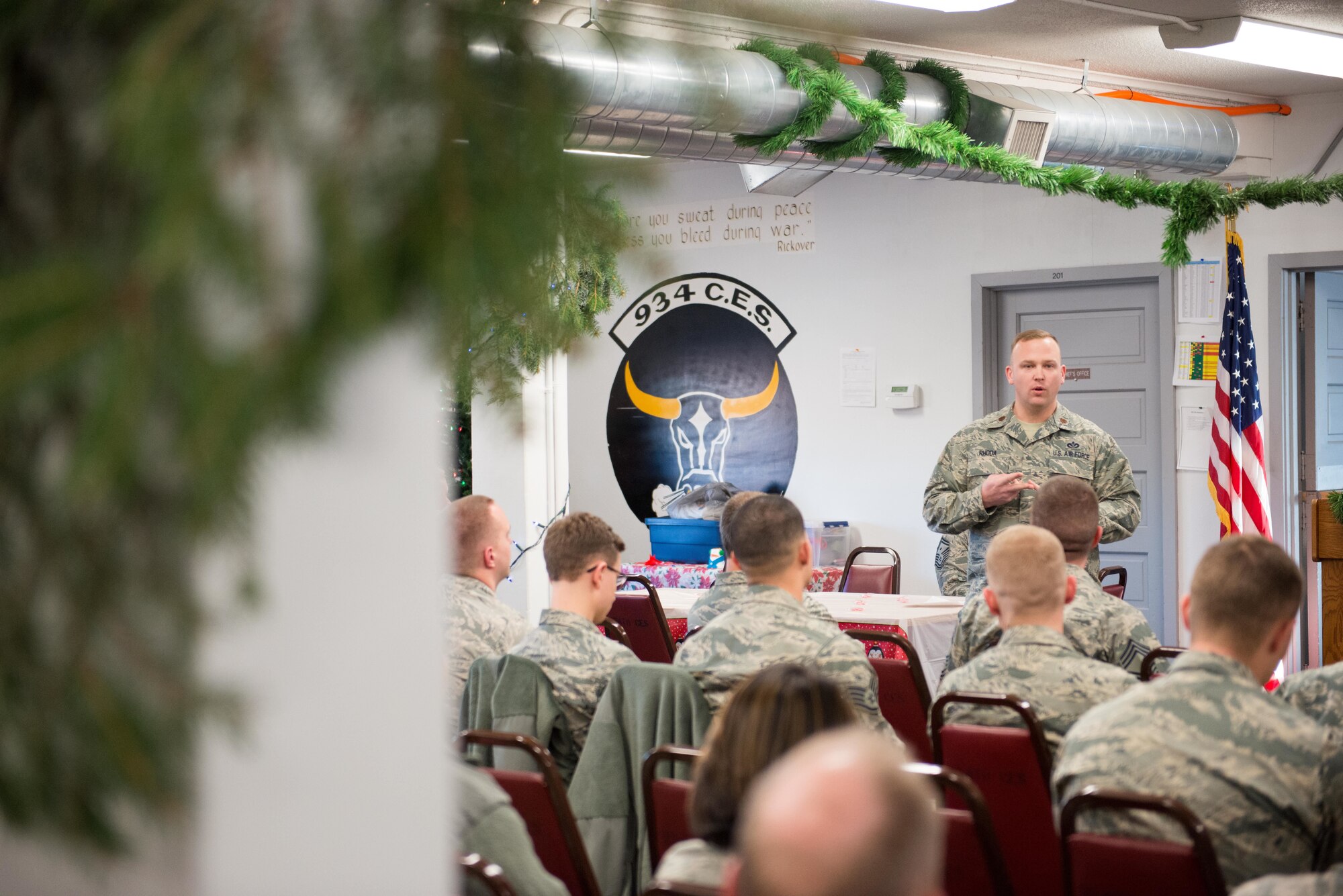 Major Ben Rhoda speaks to airmen at the holiday party for the 934th Civil Engineering Squadron on December 2. (U.S. Air Force photo by Tech. Sgt. Trevor Saylor)