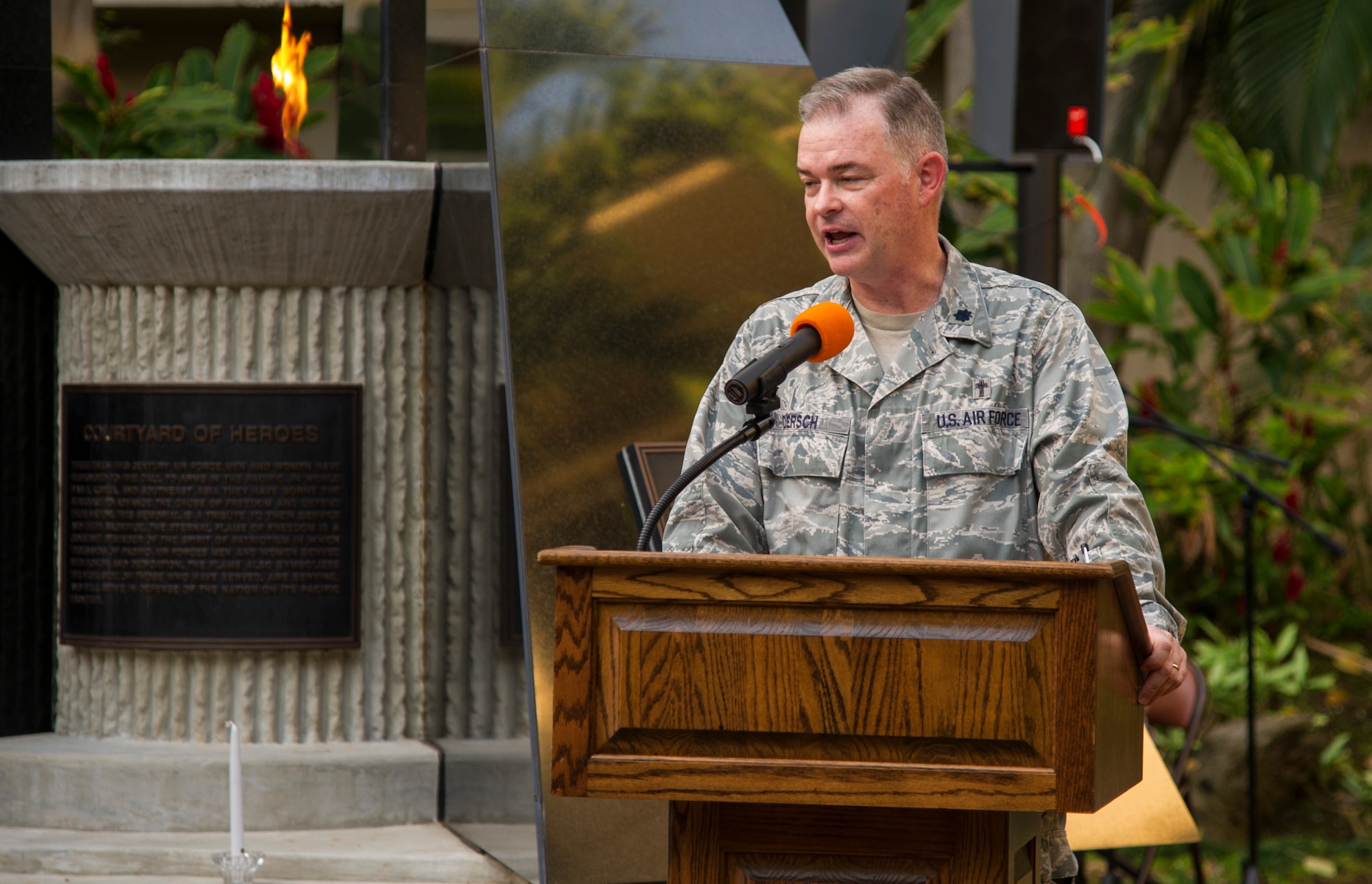 U.S. Air Force Lt. Col. David Dersch, Pacific Air Forces staff chaplain, gives opening comments during a remembrance ceremony for U.S. Army Air Corps Pfc. Joseph Nelles at the Courtyard of Heroes in the Pacific Air Forces headquarters building, Joint Base Pearl Harbor-Hickam, Hawaii, Dec. 10, 2017.  Nelles, a chaplain’s assistant, was killed during the 1941 attack on Hickam Field.  (U.S. Air Force photo by Tech. Sgt. Heather Redman)