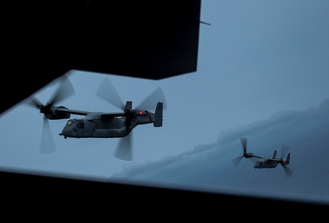 MV-22B Ospreys with Marine Medium Tiltrotor Squadron 162, 26th Marine Expeditionary Unit, transports Marines to land from the amphibious assault ship USS Iwo Jima during an amphibious assault which served as the culminating event for the Combined Composite Training Unit Exercise in the Atlantic Ocean, Dec. 7, 2017. The exercise allows all elements of the Marine Air Ground Task Force to join and train in realistic scenarios so the MEU as a whole can meet its Pre-Deployment Training Program objectives prior to their upcoming deployment at sea