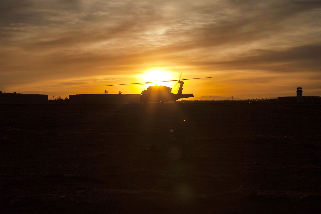 An Army UH-60 Black Hawk helicopter prepares to take off