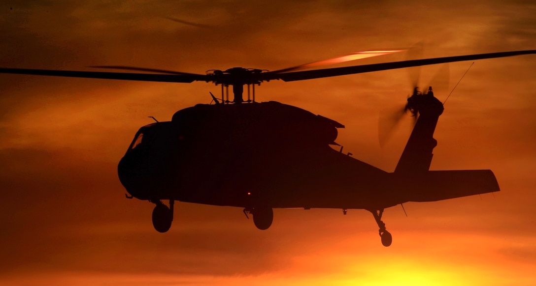 An Army UH-60 Black Hawk helicopter takes off