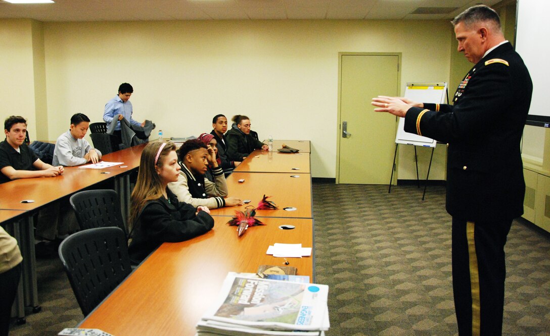 District Commander speaks with New York City high school students about science and engineering careers.