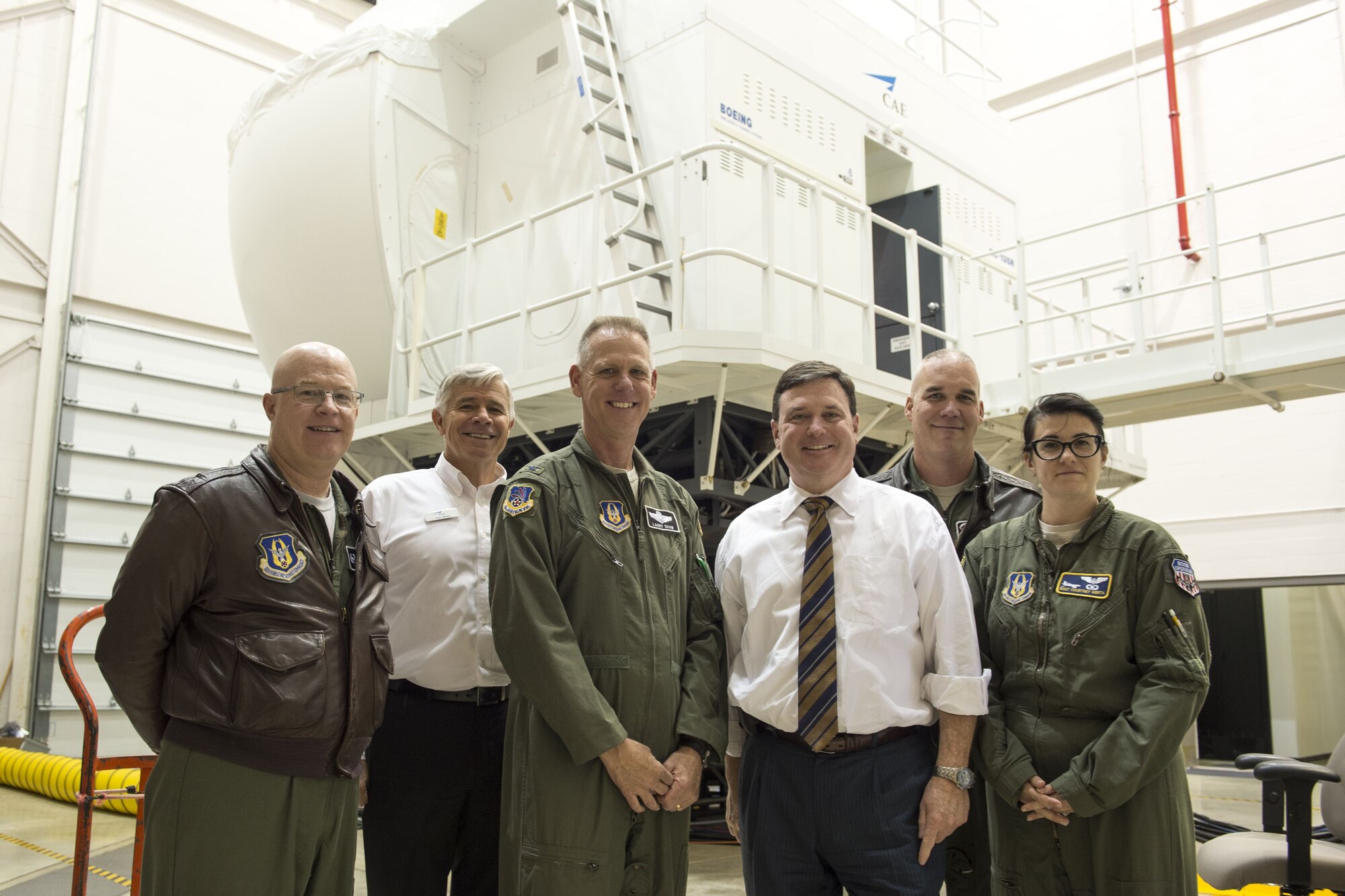 From the left, Lt. Col. Todd Moody, 434th Operations Group commander, Gary Beebe, Grissom’s site focal pilot, Col. Larry Shaw, 434th Air Refueling Wing commander, U.S. Rep. Todd Rokita, Lt. Col. Brian Thompson, 434th ARW chief of standards and evaluations, and Master Sgt. Courtney Werth, 72nd Air Refueling Squadron boom operator, pose for a photo at Grissom Air Reserve Base, Ind., Nov. 21, 2017. Rokita visited Grissom to learn more about the base and its role in both national defense and the Indiana economy. (U.S. Air Force graphic/Tech. Sgt. Benjamin Mota)