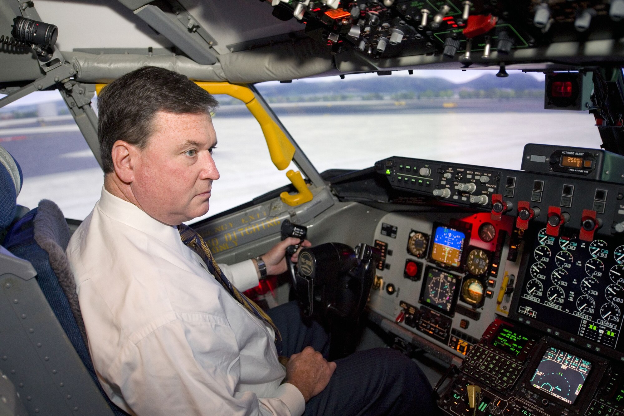 U.S. Rep. Todd Rokita operates the controls of a KC-135R Stratotanker simulator during his visit to Grissom Air Reserve Base, Ind., Nov. 21, 2017. Rokita and his staff visited Grissom to learn more about the base and its role in both national defense and the Indiana economy. (U.S. Air Force graphic/Tech. Sgt. Benjamin Mota)