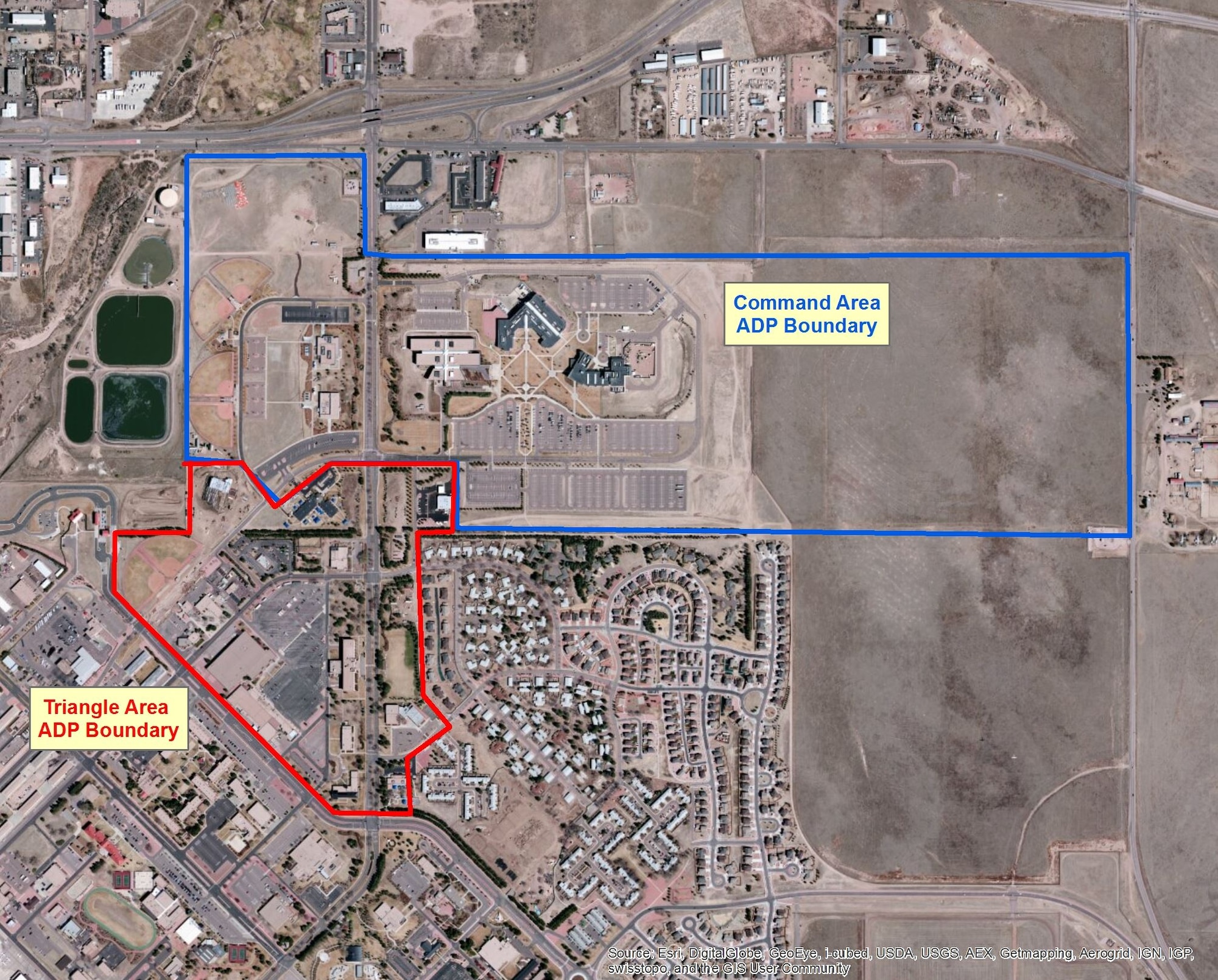 PETERSON AIR FORCE BASE, Colo. -- This aerial imagery denotes the two areas on Peterson Air Force Base, Colorado, where plans are being readied for development. A series of interviews and workshops is being conducted by 21st Civil Engineer Squadron to gather input from anyone interested concerning what development should look like going forward. (Courtesy photo)